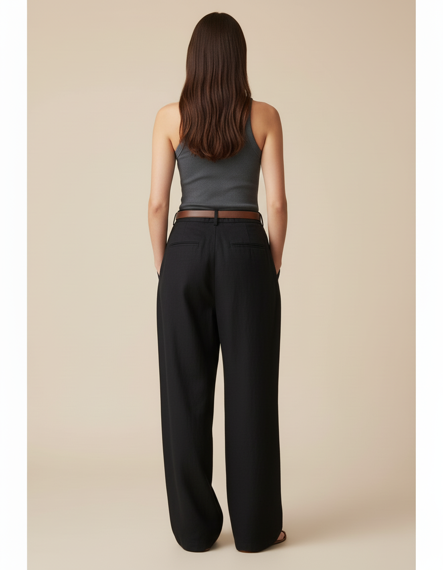 Pantalon Baggy Noir Ample Fluide Taille Haute - Lin - vue 2