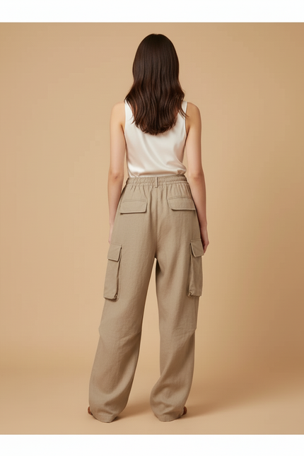 Pantalon Baggy Beige Lin Ample Cargo Cordon - vue 2