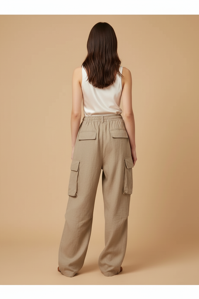 Pantalon Baggy Beige Lin Ample Cargo Cordon - vue 2