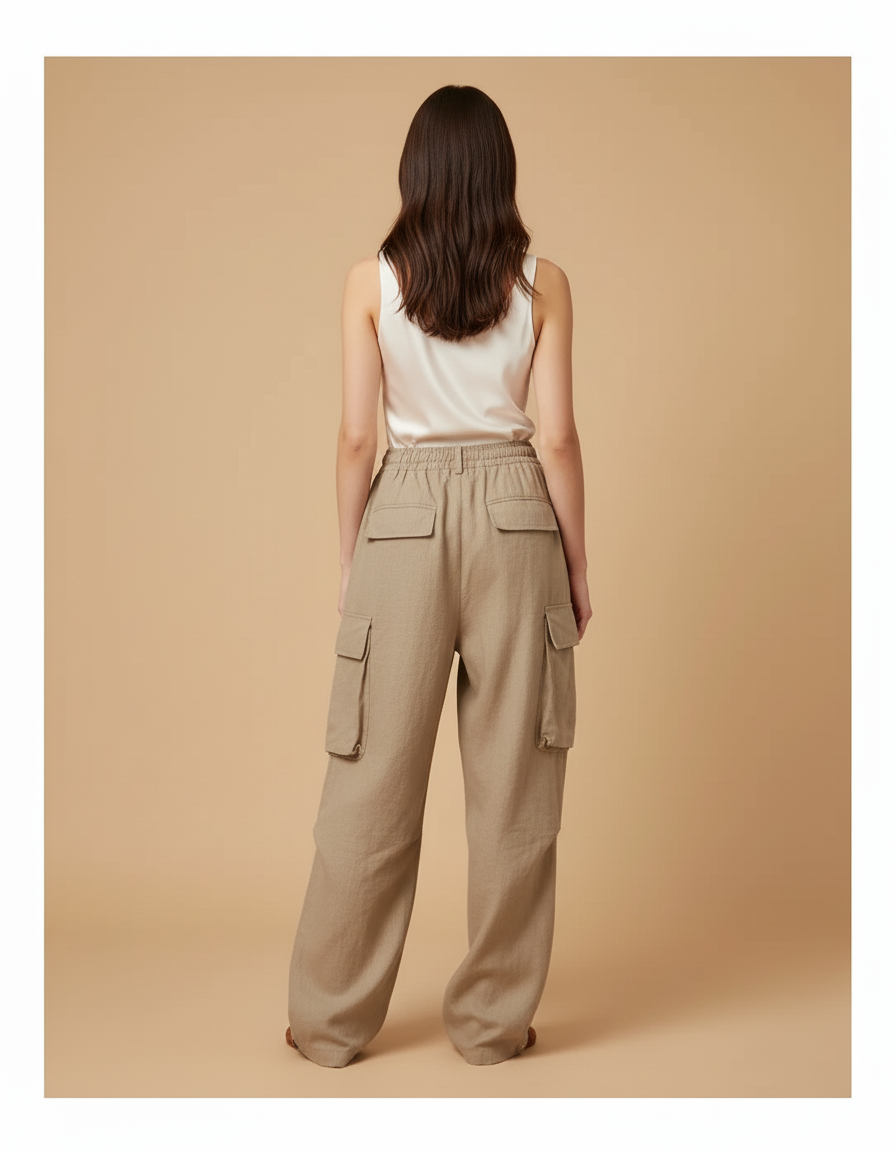 Pantalon Baggy Beige Lin Ample Cargo Cordon - vue 2