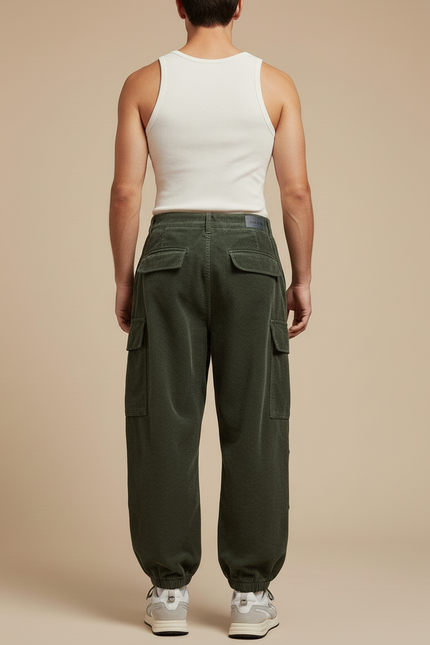 Pantalon Baggy Vert Côtelé Cargo Ample Homme - Cordé - vue 2