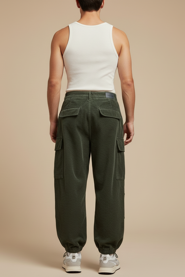 Pantalon Baggy Vert Côtelé Cargo Ample Homme - Cordé - vue 2