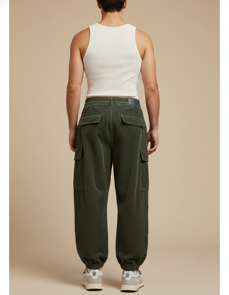 Pantalon Baggy Vert Côtelé Cargo Ample Homme - Cordé - vue 2