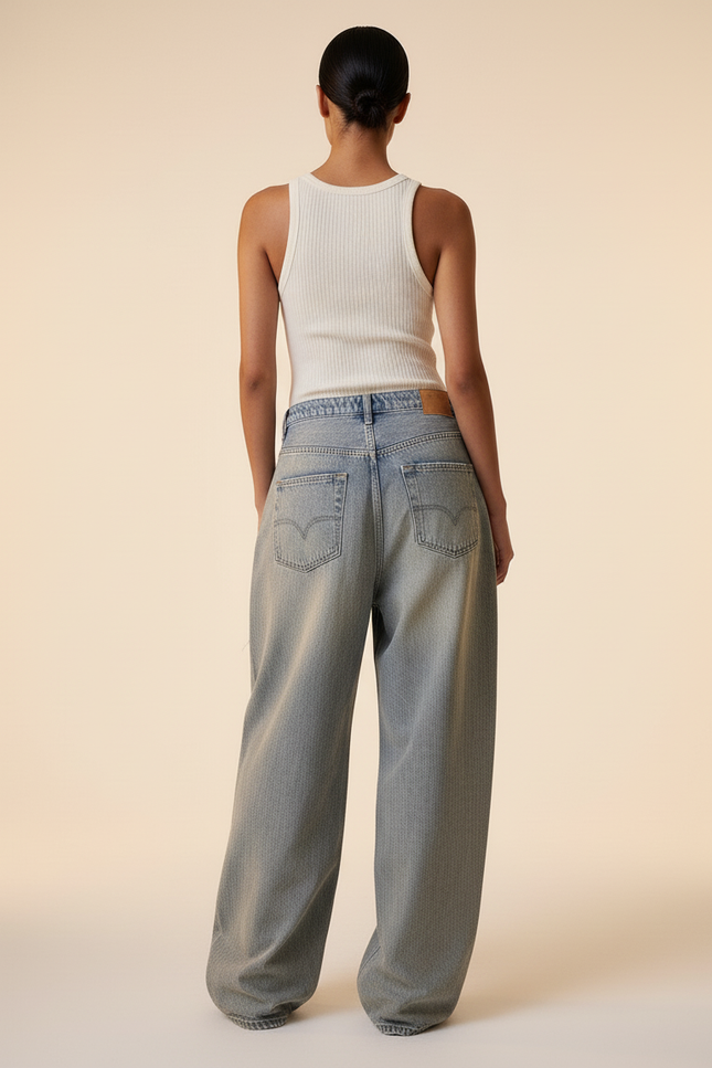 Pantalon Baggy Jean Délavé Ample Brodé Y2K - Gris - vue 2