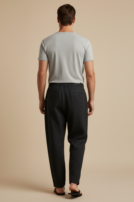 Pantalon Baggy Homme Noir Taille Élastique Toile - Lin - vue 2