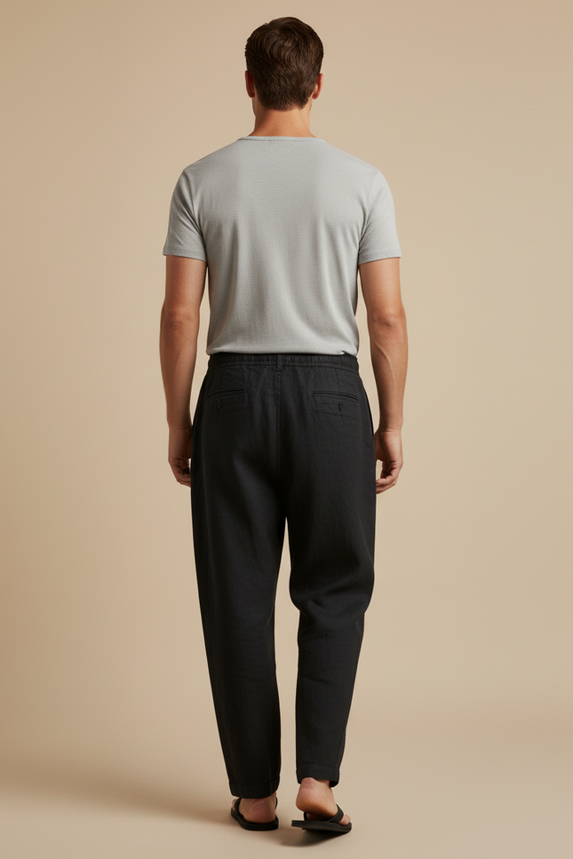 Pantalon Baggy Homme Noir Taille Élastique Toile - Lin - vue 2