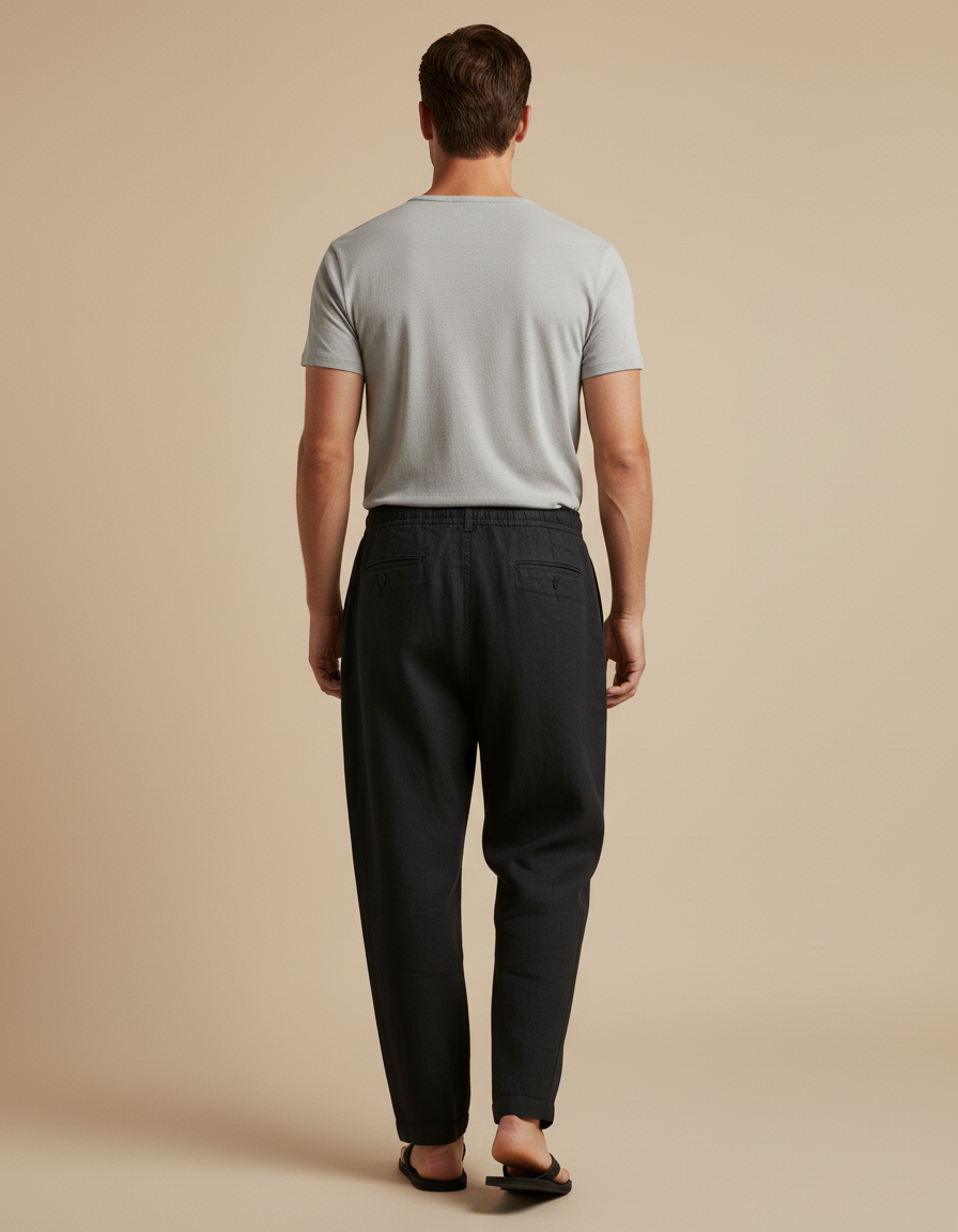 Pantalon Baggy Homme Noir Taille Élastique Toile - Lin - vue 2