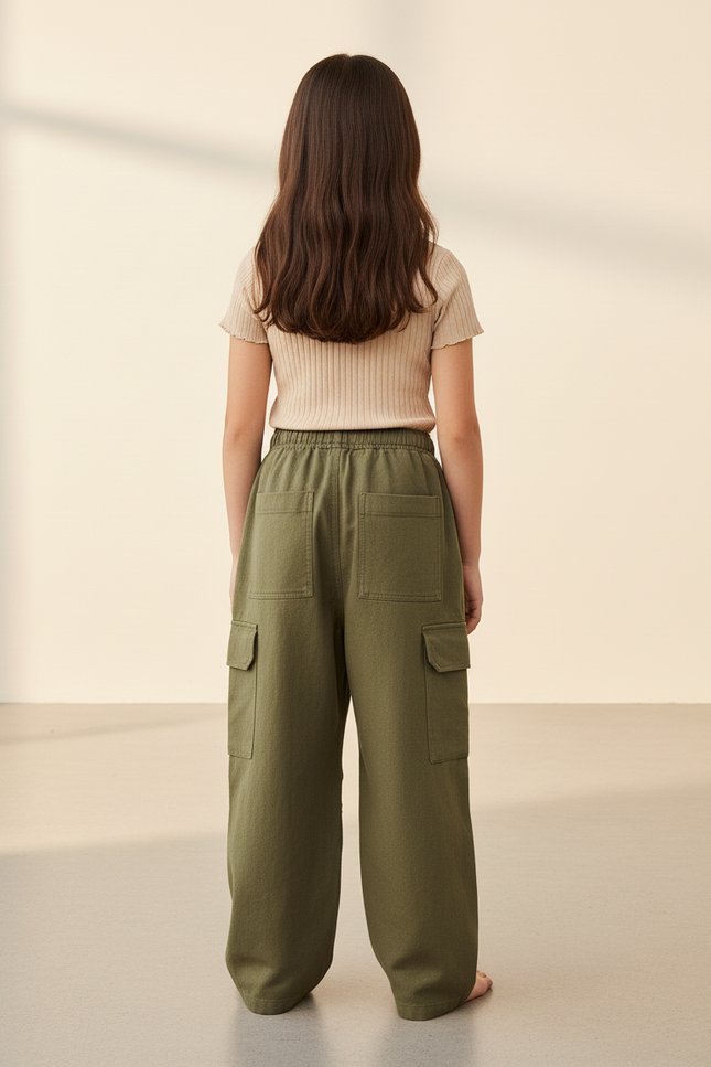 Pantalon Baggy Vert Kaki Ample Cargo Coton Enfant - vue 2