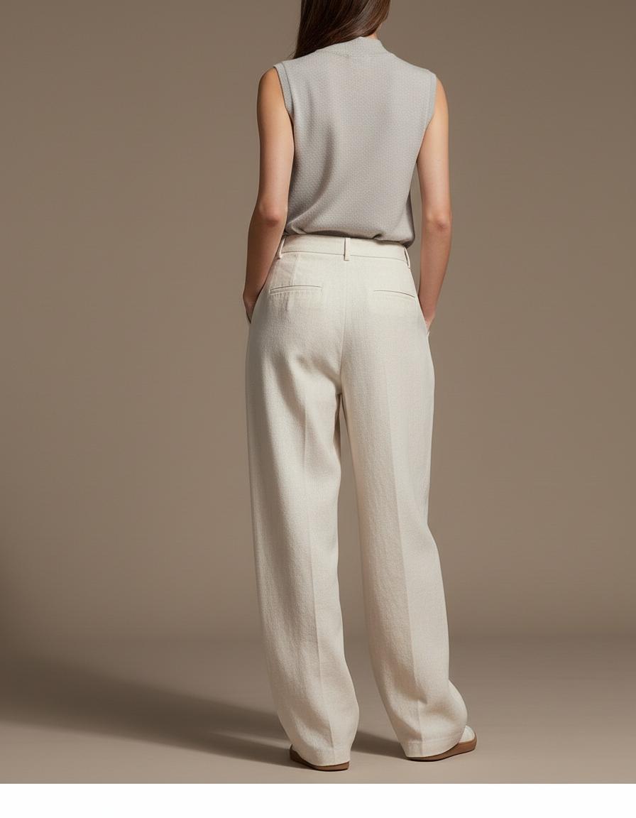 Pantalon Baggy Blanc Cassé Laine Ample Plissé Femme - Beige - vue 2