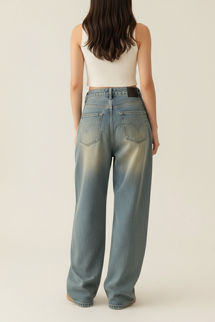 Pantalon Baggy Bleu Jean Ample Délavé Plissé Décontracté - vue 2