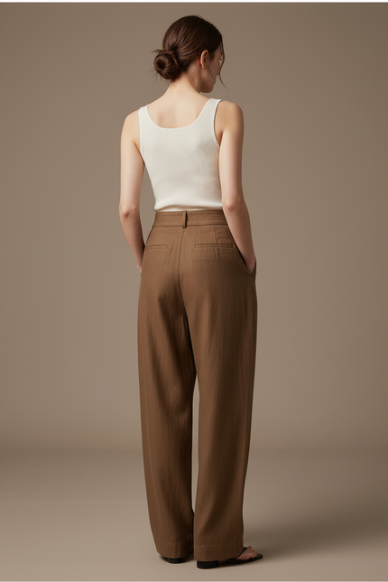Pantalon Baggy Marron Ample Taille Haute Plissé - Laine - vue 2