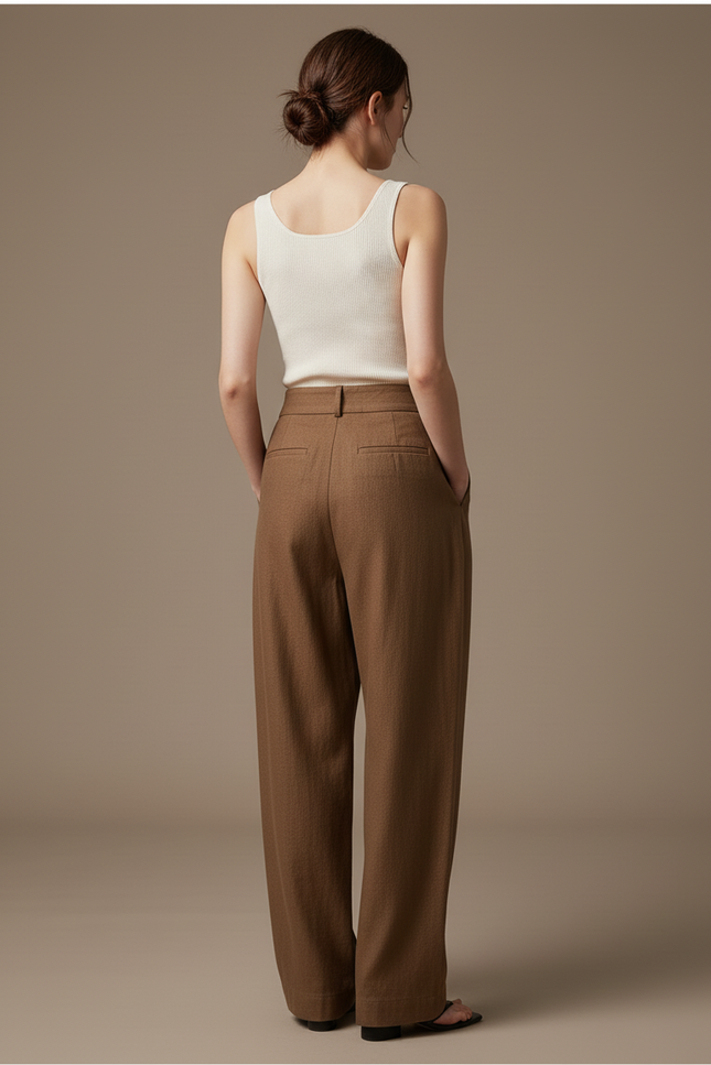 Pantalon Baggy Marron Ample Taille Haute Plissé - Laine - vue 2