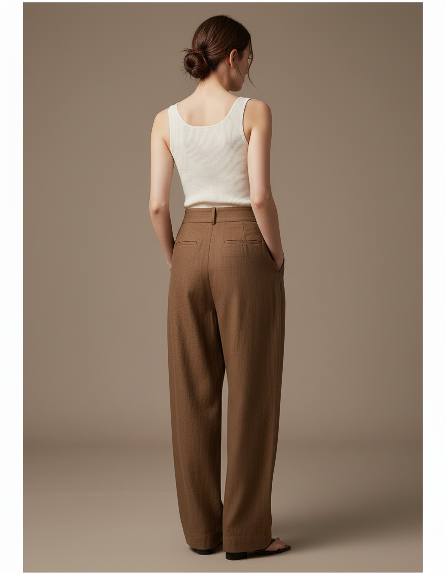 Pantalon Baggy Marron Ample Taille Haute Plissé - Laine - vue 2