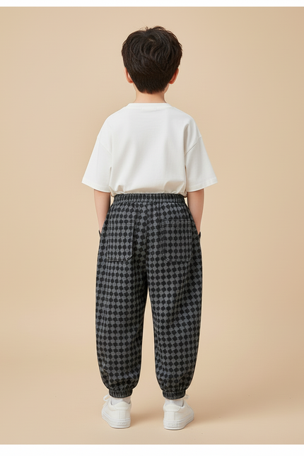 Pantalon Baggy Carreaux Noir Gris Ample Garçon Décontracté - Imprimé Molleton - vue 2
