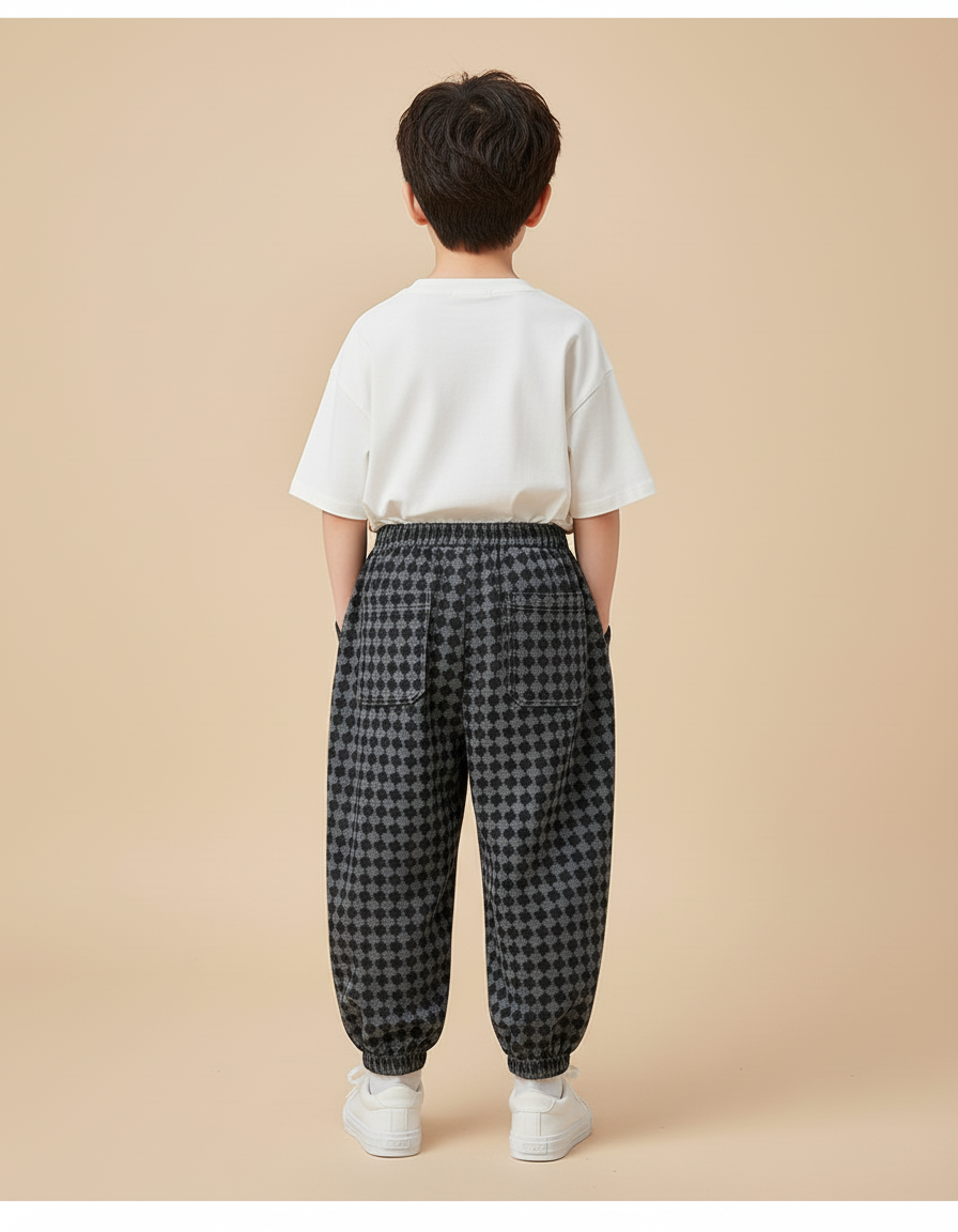 Pantalon Baggy Carreaux Noir Gris Ample Garçon Décontracté - Imprimé Molleton - vue 2