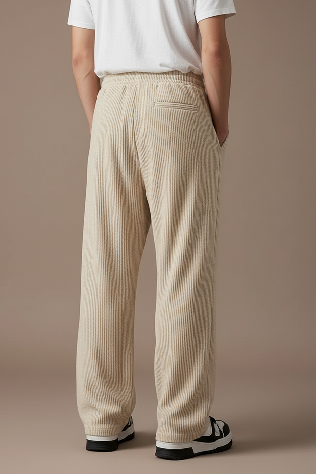 Pantalon Baggy Côtelé Beige Ample Cordon Décontracté - Cordé - vue 2