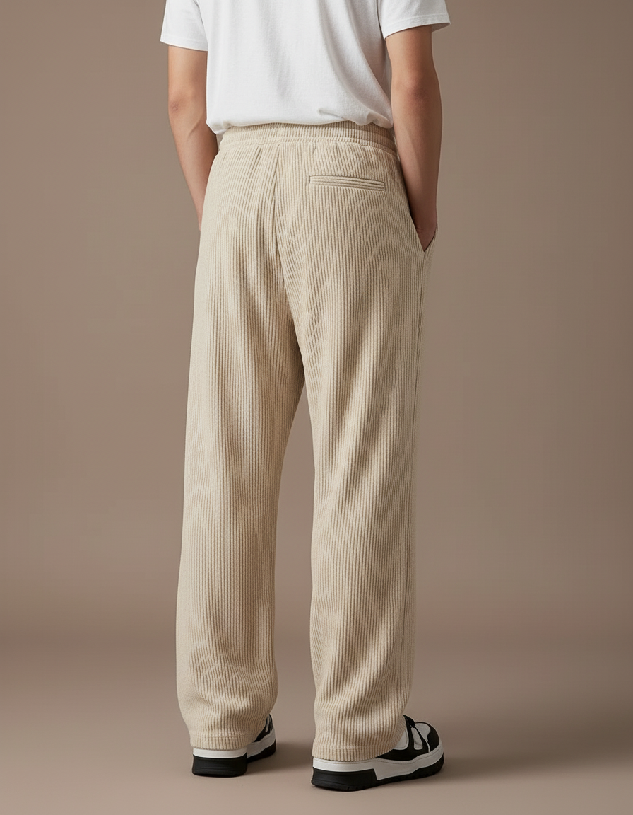 Pantalon Baggy Côtelé Beige Ample Cordon Décontracté - Cordé - vue 2