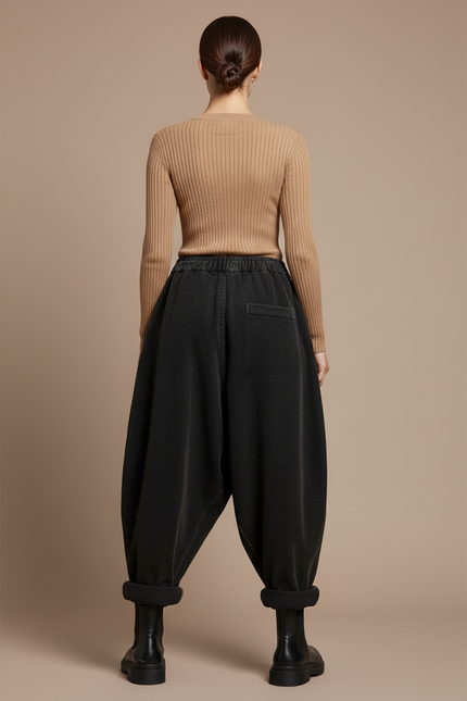 Pantalon Baggy Côtelé Noir Ample Patchwork Décontracté - Cordé - vue 2