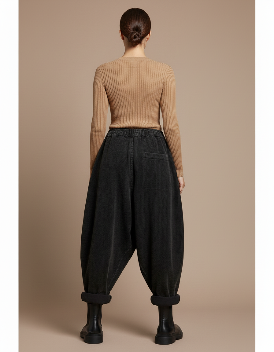 Pantalon Baggy Côtelé Noir Ample Patchwork Décontracté - Cordé - vue 2