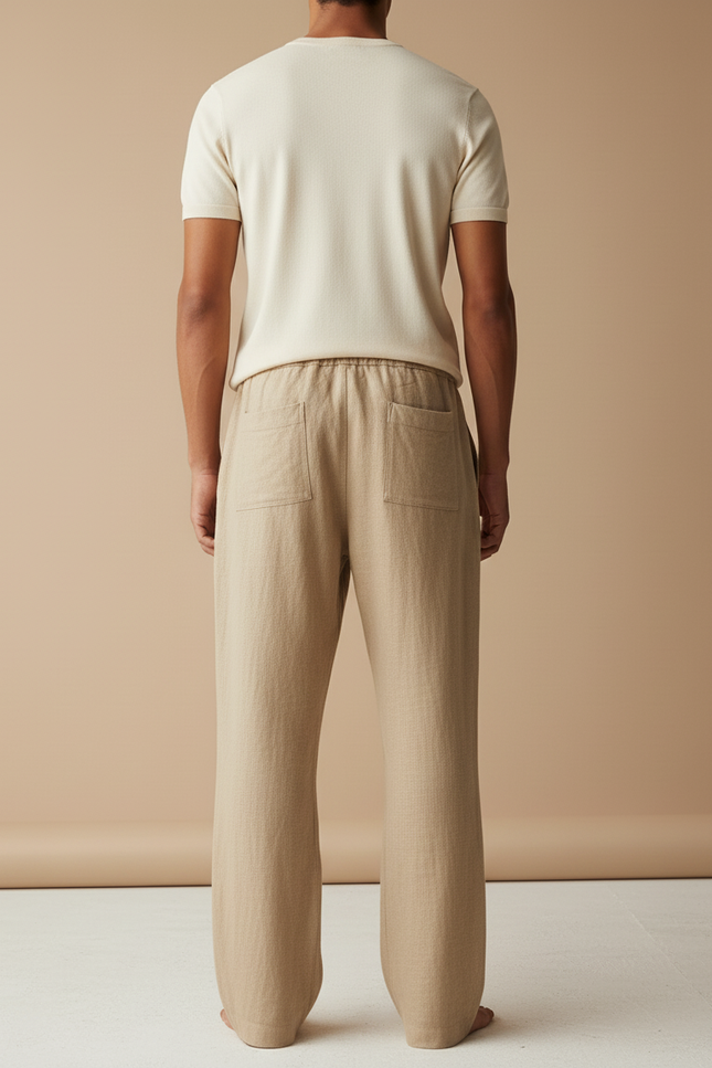 Pantalon Baggy Lin Coton Beige Ample Décontracté Homme - vue 2