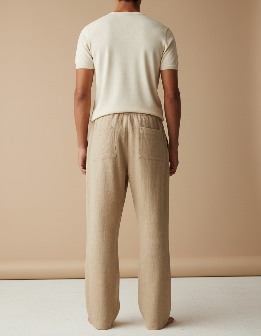Pantalon Baggy Lin Coton Beige Ample Décontracté Homme - vue 2