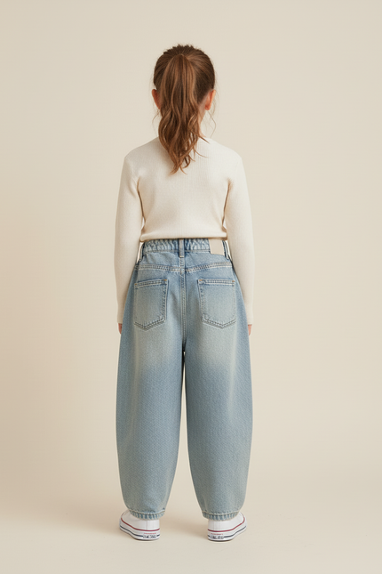 Pantalon Baggy Jean Bleu Clair Ample Plissé Décontracté - vue 2