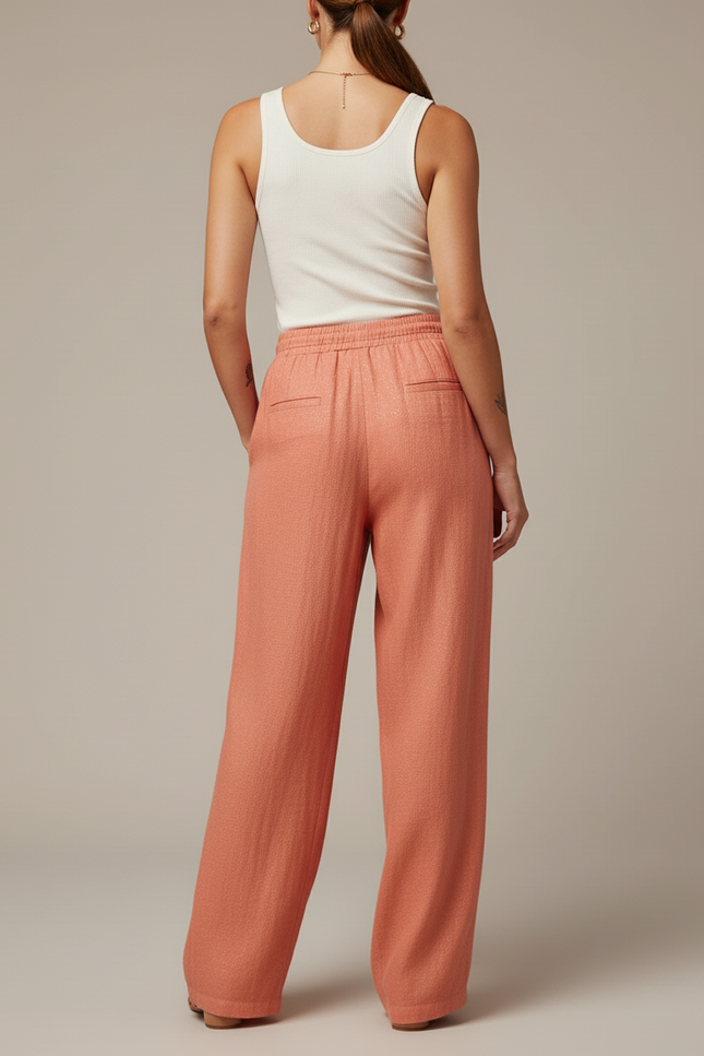 Pantalon Baggy Pêche Ample Fluide Brillant Cordon - Orange Lin - vue 2