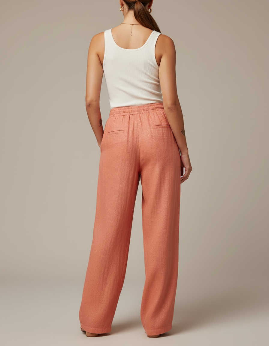 Pantalon Baggy Pêche Ample Fluide Brillant Cordon - Orange Lin - vue 2