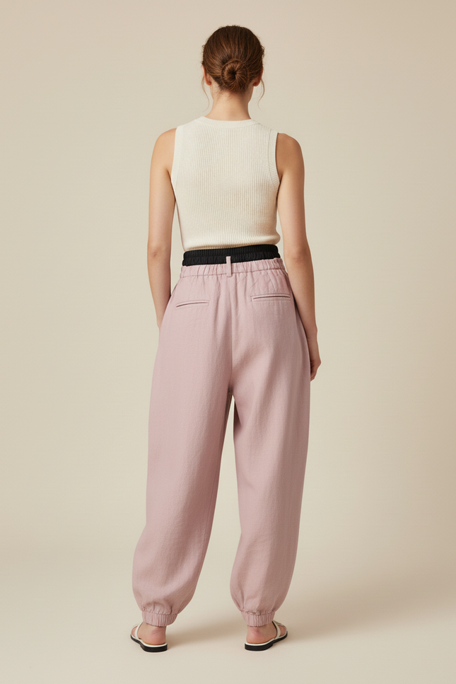 Pantalon Baggy Rose Pâle Ample Taille Haute Lin - vue 2