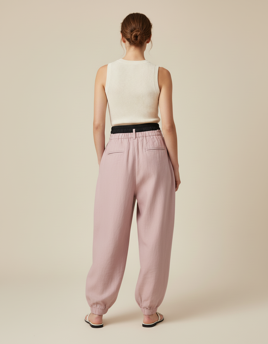 Pantalon Baggy Rose Pâle Ample Taille Haute Lin - vue 2