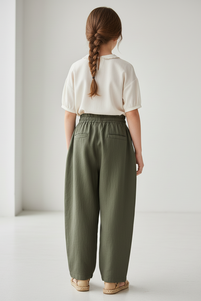Pantalon Baggy Vert Kaki Lin Ample Décontracté Enfant - vue 2