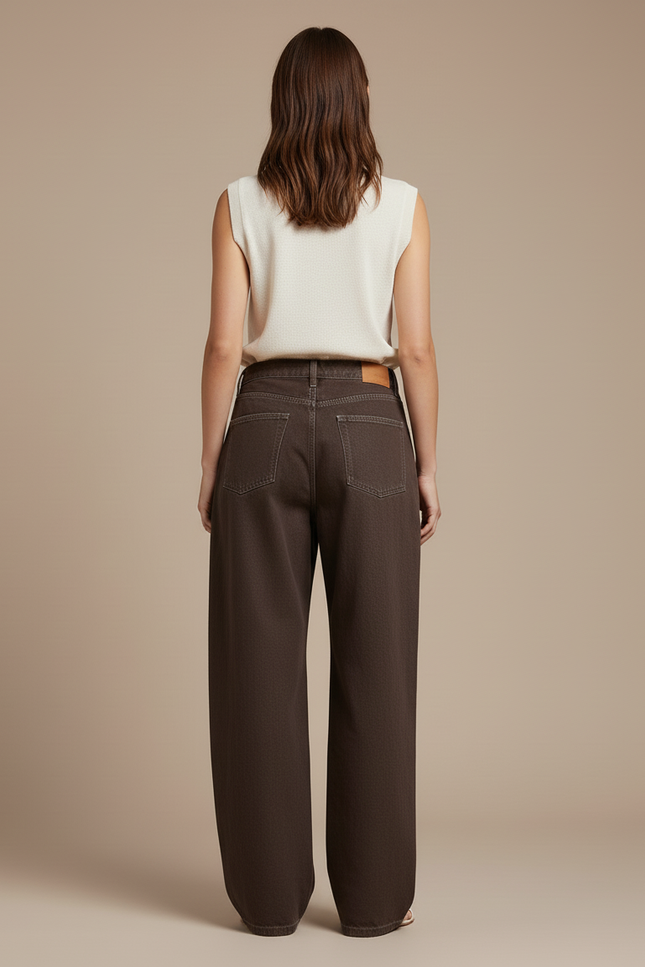 Pantalon Baggy Marron Ample Taille Haute Jean Femme - vue 2