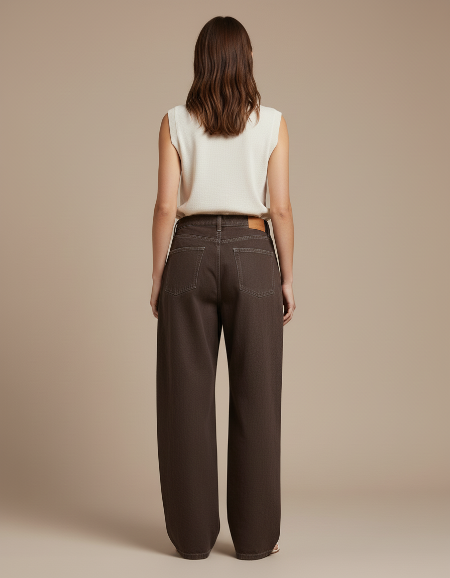 Pantalon Baggy Marron Ample Taille Haute Jean Femme - vue 2