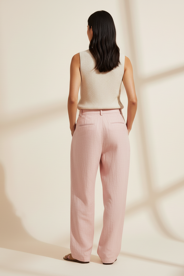 Pantalon Baggy Rose Poudré Ample Plissé Lin - vue 2