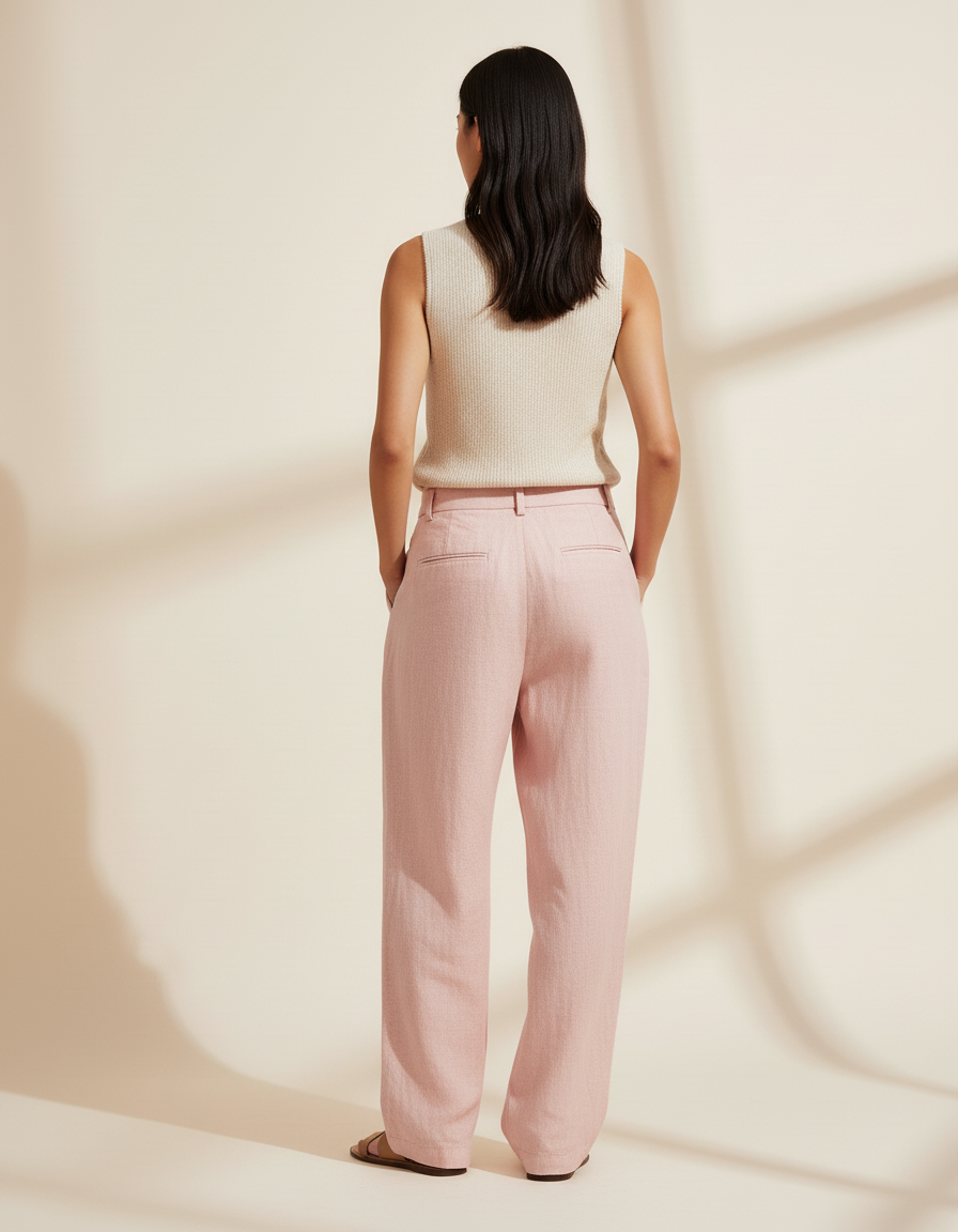 Pantalon Baggy Rose Poudré Ample Plissé Lin - vue 2