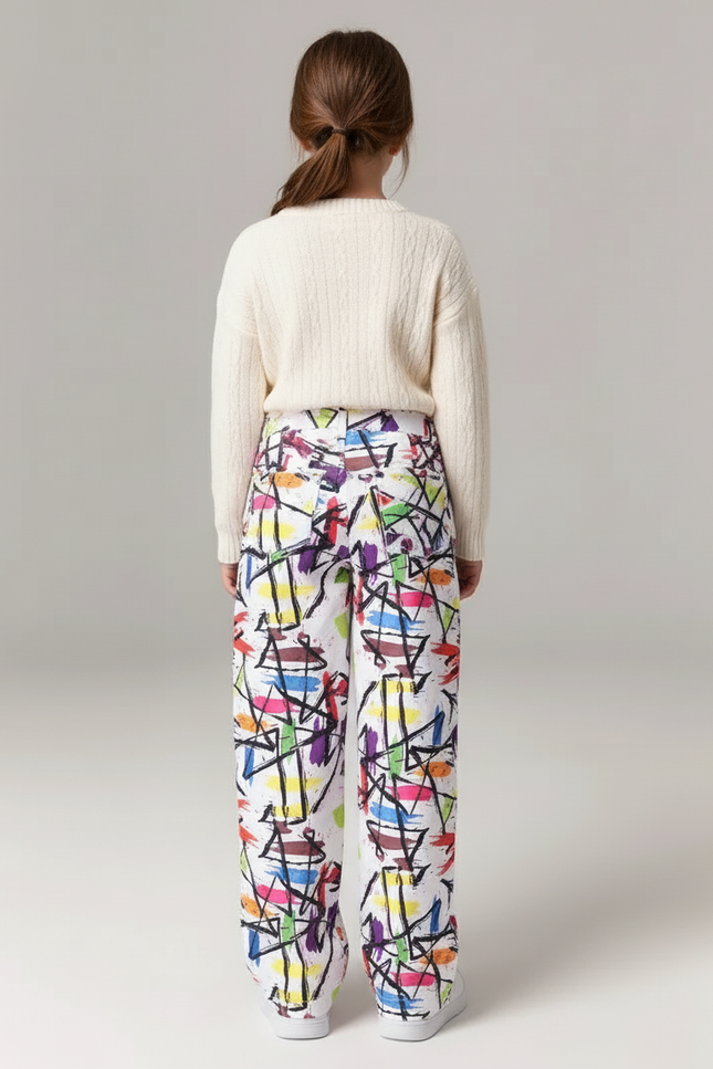 Pantalon Baggy Blanc Imprimé Coloré Ample Décontracté Fille - Multicolore Coton - vue 2