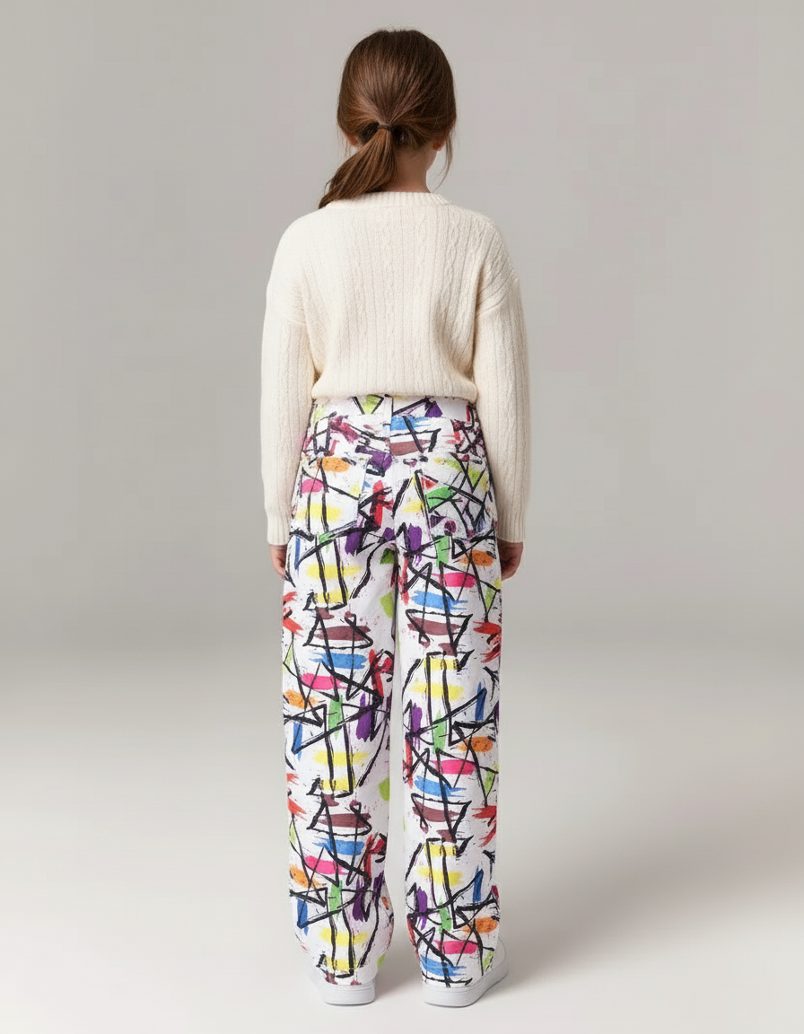 Pantalon Baggy Blanc Imprimé Coloré Ample Décontracté Fille - Multicolore Coton - vue 2