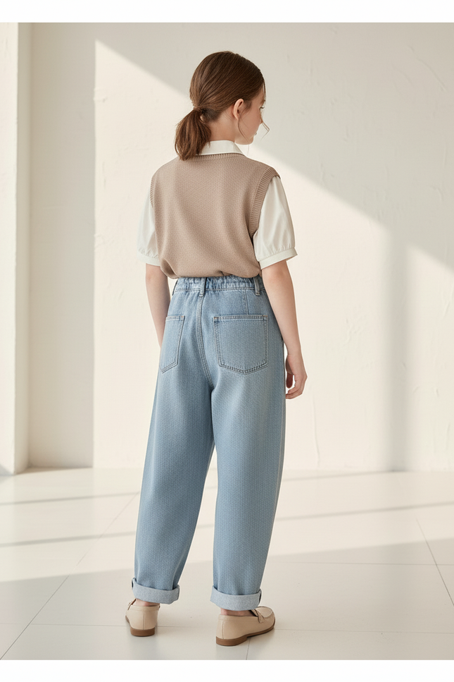 Pantalon Baggy Jean Bleu Clair Ample Plissé - vue 2