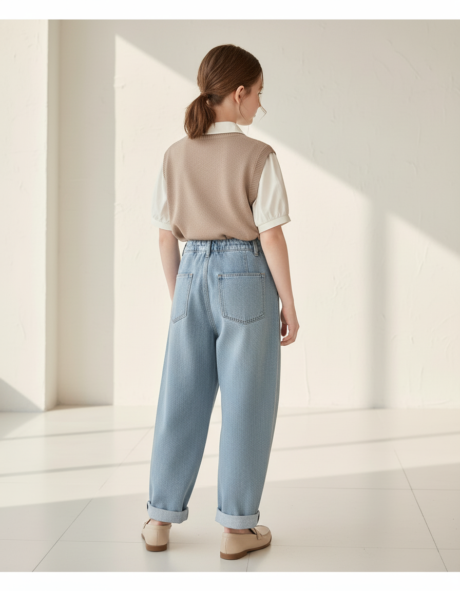 Pantalon Baggy Jean Bleu Clair Ample Plissé - vue 2