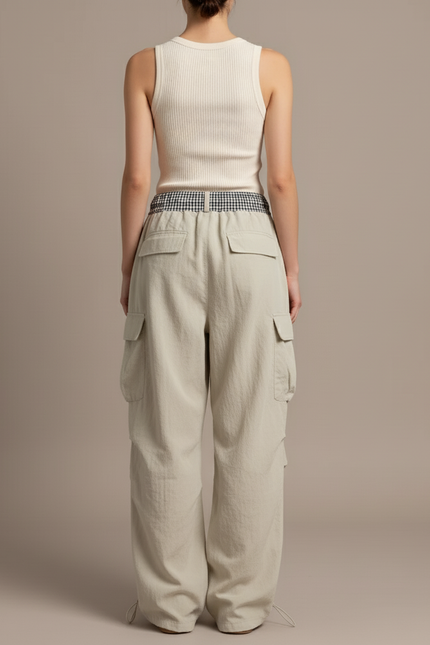 Pantalon Baggy Beige Cargo Ample Cordon Streetwear - Polyester - vue 2