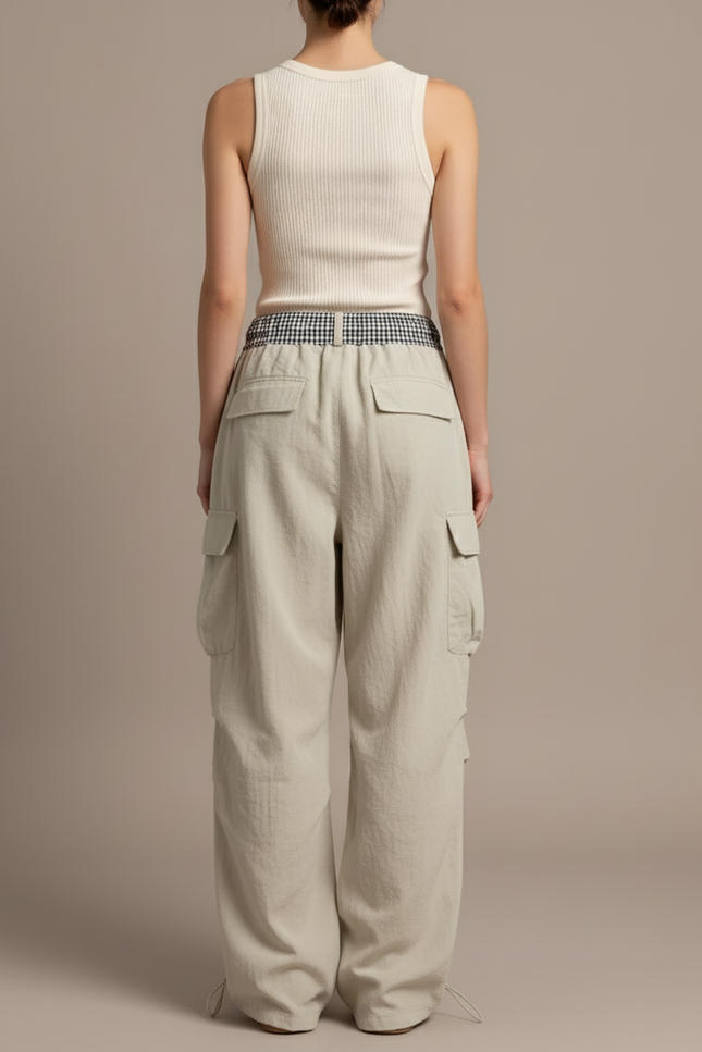 Pantalon Baggy Beige Cargo Ample Cordon Streetwear - Polyester - vue 2