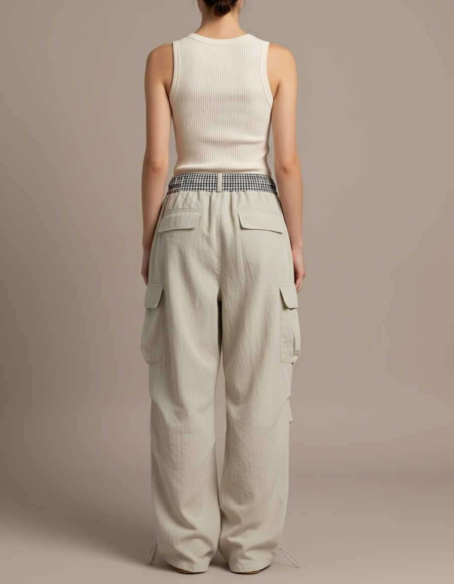 Pantalon Baggy Beige Cargo Ample Cordon Streetwear - Polyester - vue 2