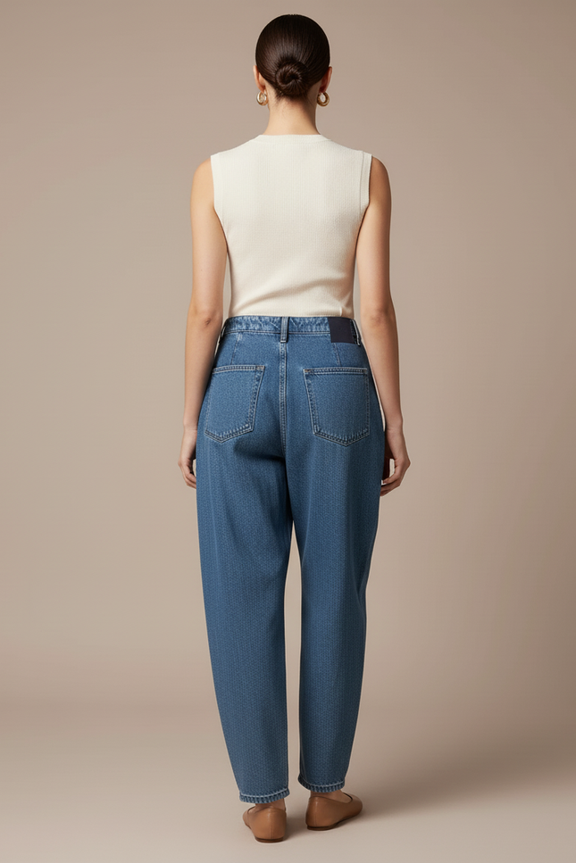 Pantalon Baggy Bleu Jean Ample Plissé Décontracté - vue 2