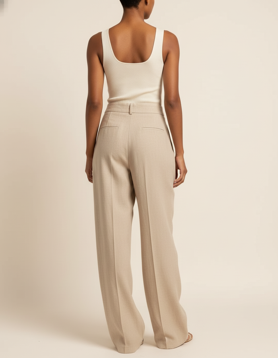 Pantalon Baggy Beige Lin Ample Plissé Décontracté - vue 2