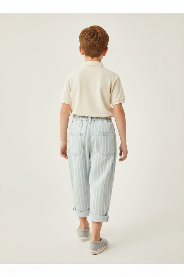 Pantalon Baggy Rayé Bleu Clair Coton Ample Décontracté - vue 2