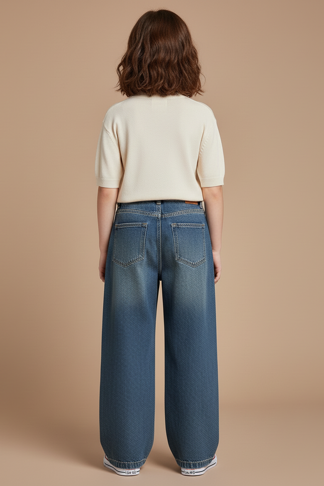 Pantalon Baggy Bleu Jean Ample Décontracté Fille - vue 2