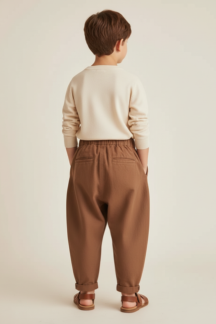 Pantalon Baggy Marron Ample Coton Plissé Décontracté Enfant - vue 2