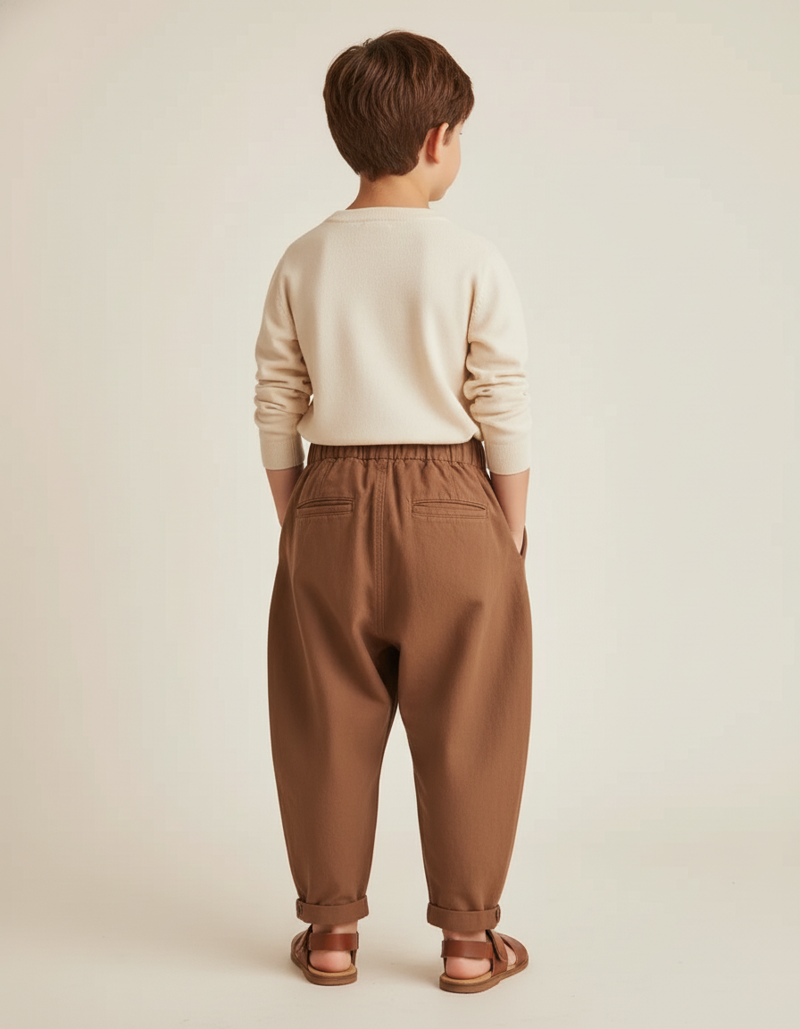 Pantalon Baggy Marron Ample Coton Plissé Décontracté Enfant - vue 2