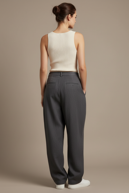 Pantalon Baggy Femme Gris Taille Haute Coton - Lin - vue 2