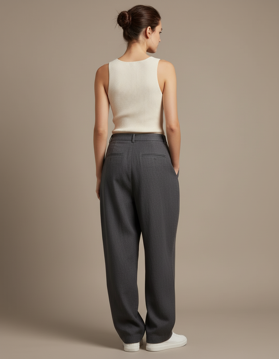 Pantalon Baggy Femme Gris Taille Haute Coton - Lin - vue 2